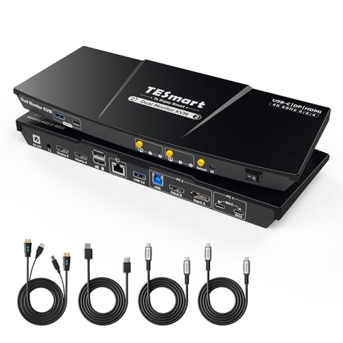 Image of TESmart MST USB-C /HDMI /DP KVM Switch 2 Monitors 2 Computers, USB 3.0 KVM Dual Monitor for Laptop&Desktop, 4K@60Hz, 60W PD, Gigabit Network, Hotkey Switch, with Input Cables