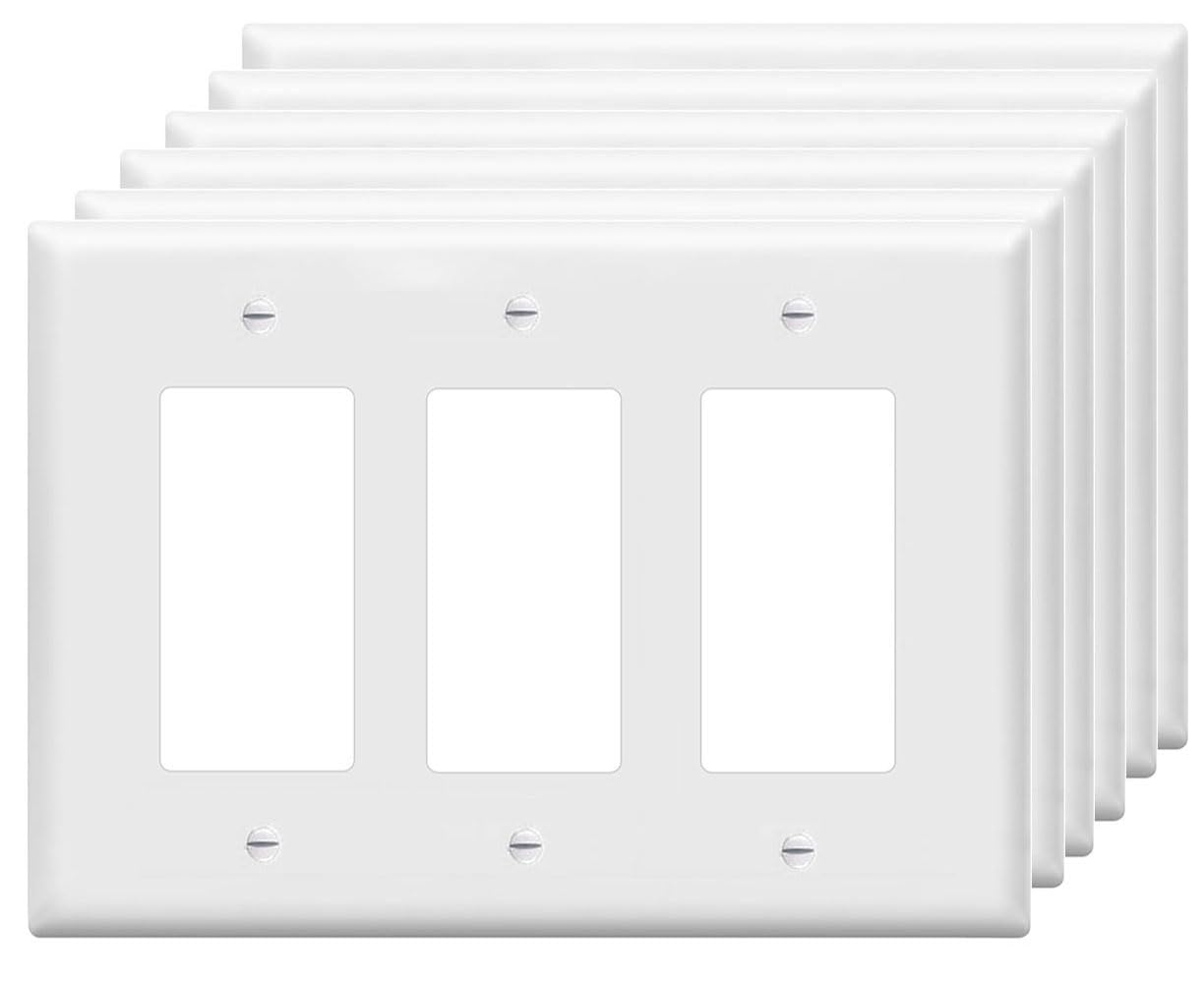 Decorator Wall Plates 3-Gang Switch Outlet Electrical Cover Plate Unbreakable Thermoplastic Faceplate for Light Receptacle Outlet Switch, White (6 Pack)
