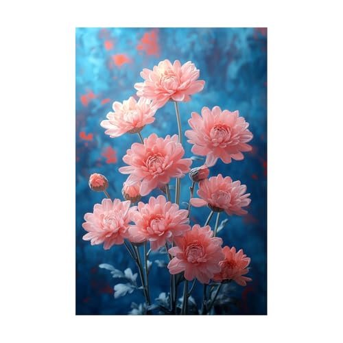Tableau mural Fleurs pour salon moderne bouquet rose sur fond bleu 60x90