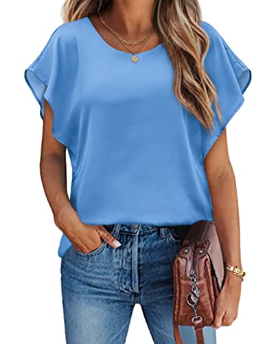 Hotouch, Camicetta da donna in chiffon con maniche corte a pipistrello, per l'estate, stile casual, Azzurro, XL