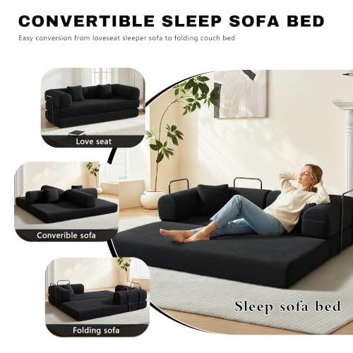 Image of 80 Inch Multi-Functional Convertible Sofa Bed, Fixed Shape Frame, High Density Foam with Corduroy, Easy Assembly, for Living Room and Bedroom. (Black)