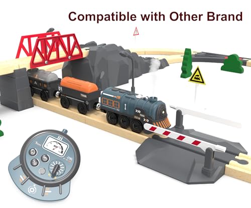 Image of Remote Control Steam Train for Wooden Tracks - RC Train Set with Realistic Smoke, Lights & Sound, Motorized Toy Train Compatible with Thomas & Friends, Brio, for Kids Ages 3-8