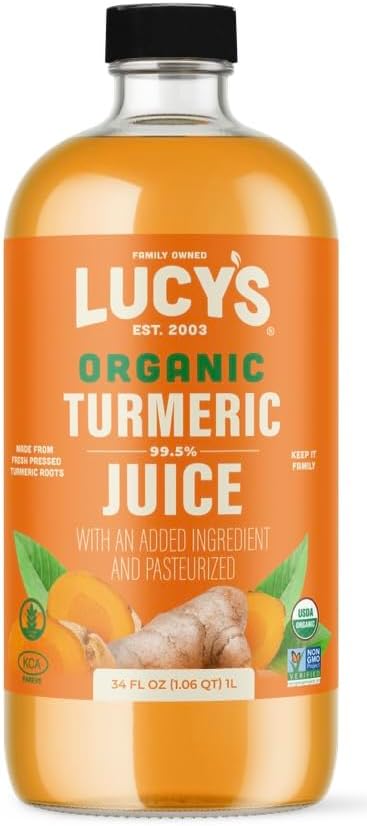 Lucyโs Family Owned - FIJI TURMERIC Organic NonGMO 99% Pure Turmeric Juice, 34 oz. Glass Bottle (Fresh Pressed and Pasteurized)