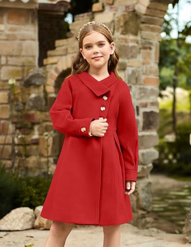 Image of GRACE KARIN Girls Dress Coat Kids Wool Lapel Long Button Jackets Fall Winter Outerwear Peacoat with Pockets 5-12Y