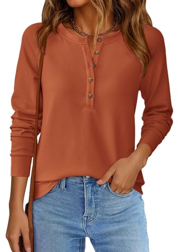 Image of PRETTYGARDEN Women's Long Sleeve Waffle Knit Henley Shirts Loose Tunic Tops