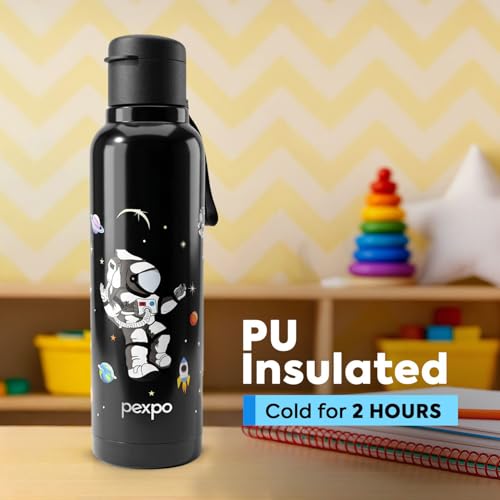 Image of Go24 pexpo Sonnet 900 PU Insulated Stainless Steel Water Bottle for Kids - 680ml | Flip-Top Cap | Leakproof & BPA Free| Carry Strap | for School, Sports, Travel, Picnic, Outdoor - Black Astronaut