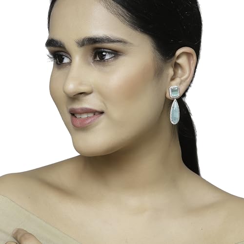 Rhodium-Plated Teardrop Drop Earrings with American Diamond Studs