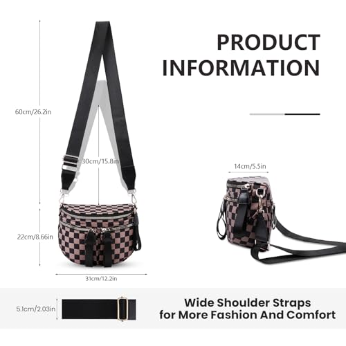 Image of hibear Checkered Crossbody Bag Spacious Bum Bags for Women Nylon Crossbody Fanny Packs Checkered Purse Belt Wallet (W-Mocha)