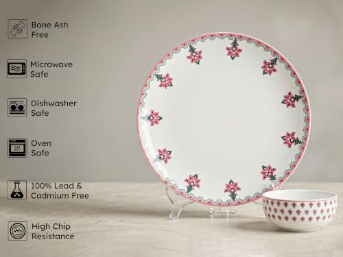 Image of Bodhi House Premium Porcelain Dinner Set 12 Pieces Serving for 6 | Pink Blossom Floral Design | Microwave & Dishwasher Safe | Crockery Set | Dinnerware Set for Home, Dining, Kitchen & Gifting