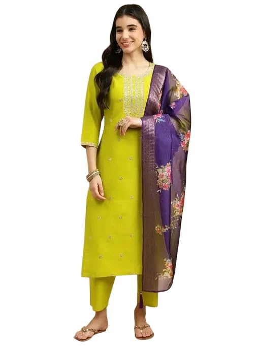 Image of Women's Embroidered Straight Kurta Set with Pant and Floral Silk Dupatta