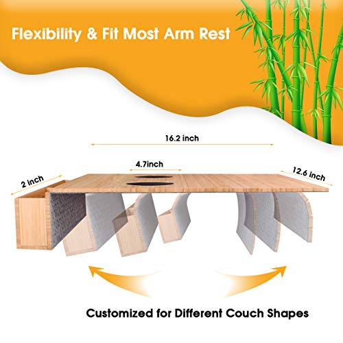 LadyRosian Sofa Arm Tray Table - Bamboo Couch Arm Table Flexible/Foldable Couch Cup Holder Perfect for Drinks Snacks, Arm Rest Table with Pockets Fits Over Square Chair arms