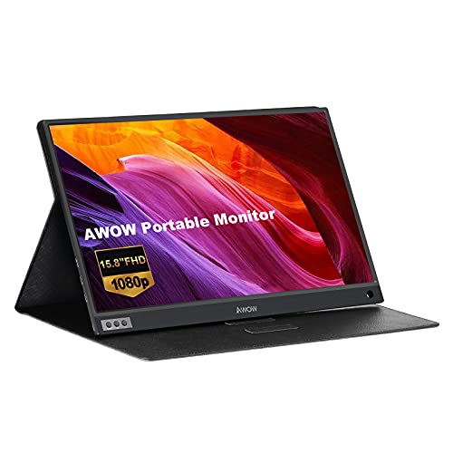 Portable Monitor AWOW 15.8 inch Gaming Monitor, IPS Screen 1920 x 1080 FHD with Type C/Mini-HDMI/Micro-USB for Laptop, Xbox, PS4 PS5, Switch, Phone with Type C and Protective Cover, CreaPlay E8