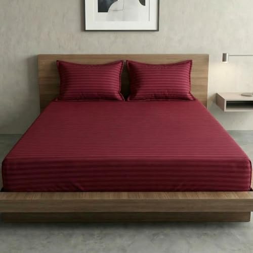 Image of Home Sizzler Microfibre Maroon Satin Stripe Double Bedsheet with 2 King Size Pillow Covers