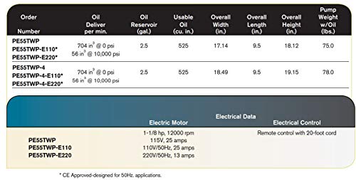 SPX Power Team PE55TWP-E220 Vanguard Electric Hydraulic Torque Wrench Pump, 1-1/8 HP, 220V/50Hz, 10,000 psi