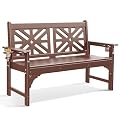 nalone Outdoor Bench with Cup Holders, HDPE Porch Bench Fade Proof (Brown)