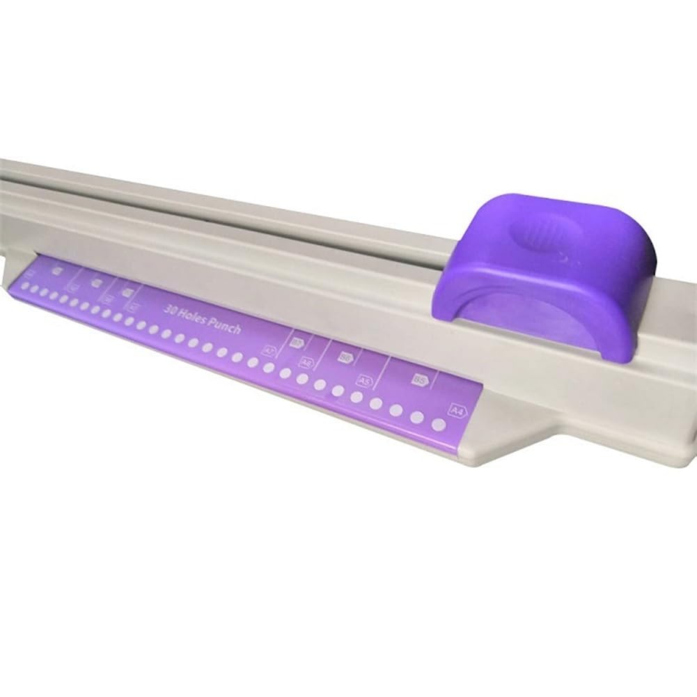 1 perforadora de papel de 30 agujeros, ligera, con 30 agujeros, plástico violeta, 30 agujeros, A4, B5, A5, A7, B7, A6, B6, capacidad de 5 hojas, perforadora de papel