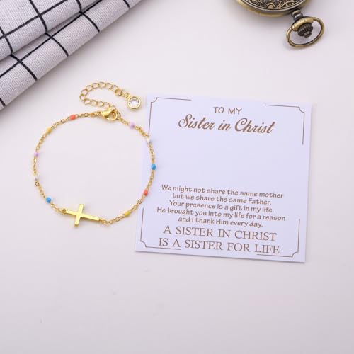 Kvekstio Christian Gifts Faith-Based Adjustable Stainless Steel Gold Cross Charm Bracelet Gift for Women, Baptism Jewelry4