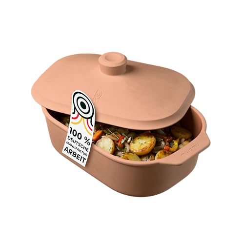 myromy® Bräter, Schmortopf & Brotbackform aus Keramik Natur-Ton: Bratentopf, Dampfgarer & Backform, Dutch Oven für Brot, Braten, Aufläufe & Eintopf – für Backofen, Grill & Feuer - Handmade in Germany