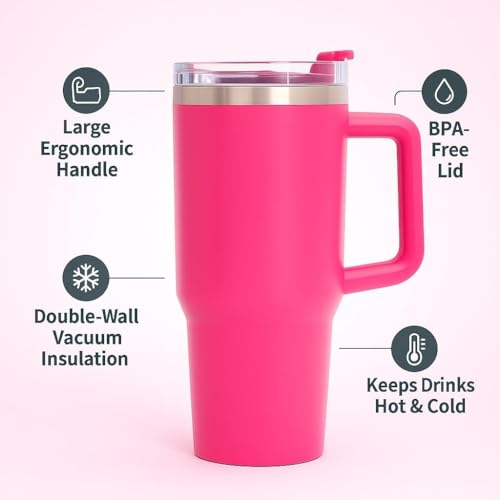 Image of Double Wall Insulated Stainless Steel Tumbler with Handle 1200ml | Travel Mug with Steel Straw| Hot & Cold Beverage Flask | Easy Carry Home, Office, Gym (Hot Pink)