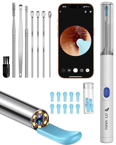 Image of Dr Vaku Clenzio Earocam Earwax Removal Tool with Extra Cleaning Kit (Set of 8) 1080P HD Visual Otoscope Camera & 6 LED Lights Endoscope Tool Ear Cleaner for iOS & Android +11 Silicone Tips Free-White