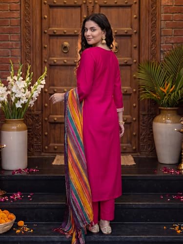 Image of INDO ERA Women's Silk Blend Embroidered Sequinned Kurta & Pant with Dupatta Set