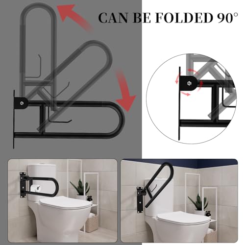Toilet Grab Bar 22.4 Inch, YuanDe Flip Up Grab Bar with Paper Holder, Matte Black Anti-Slip Safety Bars for Toilet, Stainless Steel Knurled Toilet Handles for Seniors Disabled Elderly Pregnant