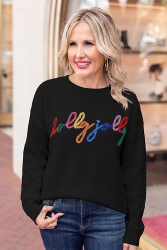 Image of LEMAFER Women 2026 Merry Christmas Round Neck Sequin Letters Sweater Casual Solid Slogan Long Sleeve Pullover Sweatshirt Tops