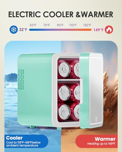 Image of CUTIEWORLD Skincare Fridge with Dimmable LED Light Mirror, 4L Mini Fridge For Desktop, Travel or Cool & Heat, Makeup Fridge for Cosmetics, Skin Care and Food, Green