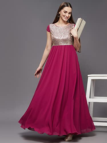 Image of Miss Chase Women's Round Neck Sleeve Embellished Fit Flare Maxi Dress