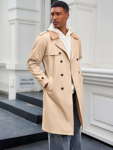 Runcati Mens Trench Coat Double Breasted Notched Lapel Long Jacket Fall Casual Classic Overcoat with Belt3