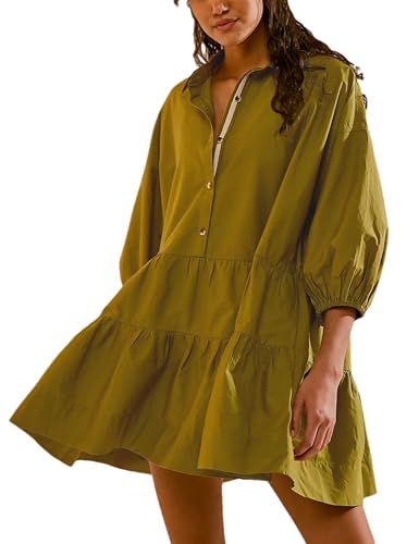 Zontroldy Women's Oversized Casual Collared Babydoll Mini Dresses Puff Sleeve A-line Tiered Shirt Tunic Dress
