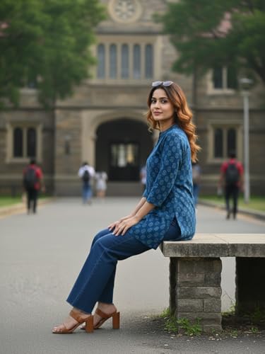 Image of Varanga Women Women's Blue Printed Tunic with 3 /4 Sleeves