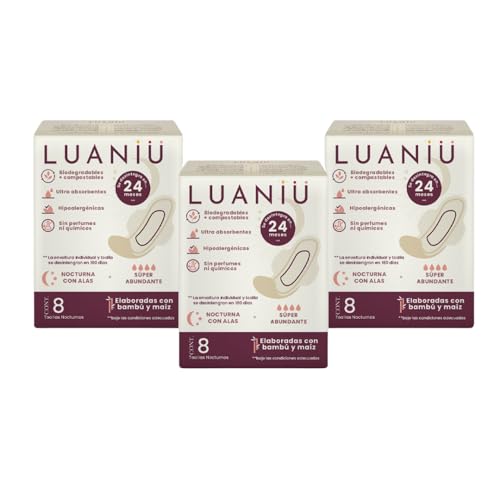 Cuidado Femenino, Personal Care Appliances Luaniu Toallas femeninas orgánicas de bambú y maíz,Multipack (3), Nocturna c/alas.