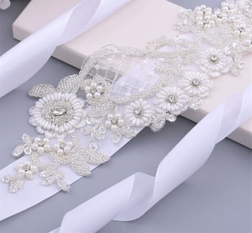 Women's Pearl Beaded Flower Sash Cocktail Evening Dress Lace Waistbands Wedding Bride Accessories4