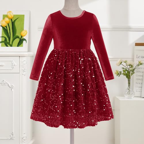 Toddler Girls' Velvet Sequin Dress Christmas Party Dresses Long Sleeve Crew Neck Ruffle Dress Fall Winter with Pockets3