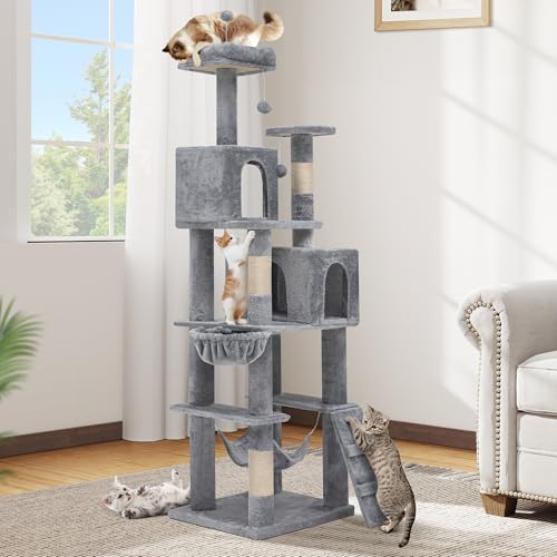 DWVO 75-inch Indoor Cat Tree Tower, Multi-Level Pet Playground, Cat Furniture with Scratch Posts, Hideaway Condos, Soft Perch, Snug Hammock, Climbing Ladder, and Plush Balls for Kittens (Light Gray)