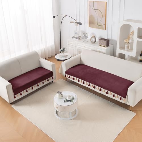 Image of HOKIPO 5 Seater Sofa Cover Mat with Tassel in 3+2 Configuration | Dyed Holland Velvet Fabric | 'TasselTone Series' | Wine Red (IN-1108+1106-MRN)