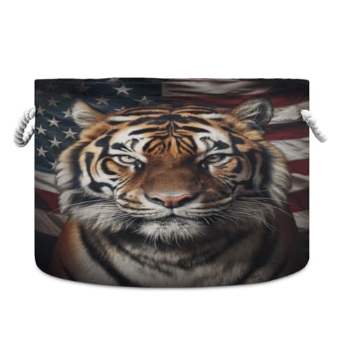 Round Storage Basket Cool Tiger and Flag Open Home Storage Bin 20 * 13.9in