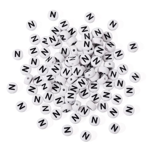 Pandahall 100Pcs Letter Beads 7x4mm White Flat Round with Letter N Acrylic Beads for...