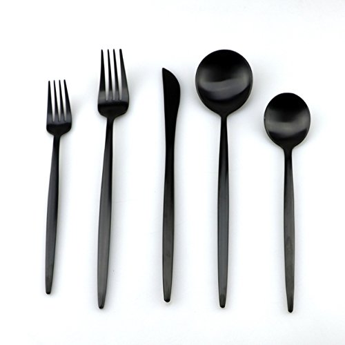 1 Set (5 Pcs/Set) Black Stainless Steel Fork Knife Scoops Cutlery Forks Professional