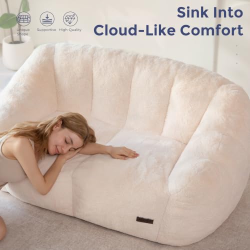 Image of MAXYOYO Bean Bag Chair, Comfy Bean Bag Sofa with Back Support, Loveseat Faux Fur Bean Bag Chair for Adults, Stuffed Floor Sofa for Living Room, Bedroom, Apartment, Beige