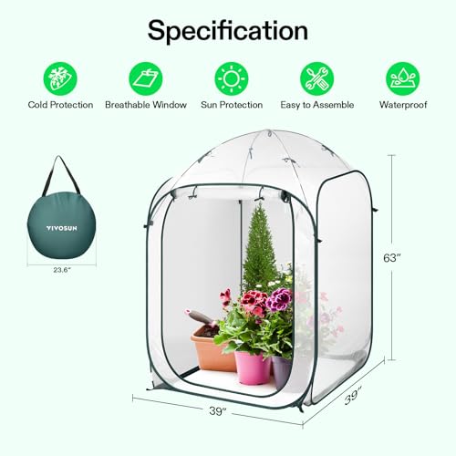 Image of VIVOSUN 39x39x63-Inch Portable Walk-in Greenhouse, with PVC Cover & Detachable Base, Instant Pop-up and Folding, Mini Greenhouse with Roll-Up Door & Mesh Window for Indoor Outdoor, Wind Ropes Included
