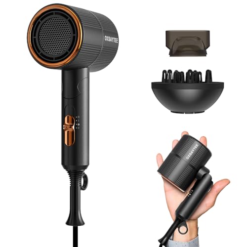 Oxsaytee Ionic Hair Dryer with Diffuser 250g Lightweight Professional Salon Hair Blow Dryer Foldable Design Negative Ion Professional Travel Hair Dryer with 1 Pouch Low Noise Hairdryer (Black)