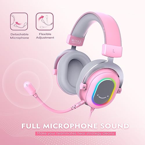 Image of FIFINE PC Gaming Headset, USB Wired Headset with Microphone, 7.1 Surround Sound, in-Line Control, Computer RGB Over-Ear Headphones for PS4 /PS5, for Streaming /Game Voice /Video-AmpliGame H6 (Pink)