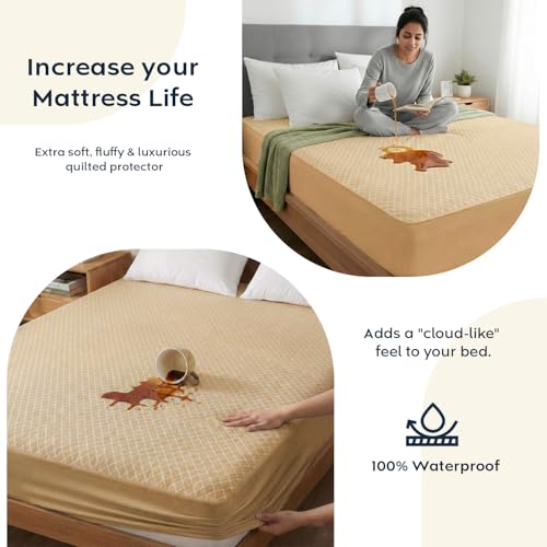 Image of Ayka 100% Waterproof Knitted Mattress Protector Queen Size Breathable Hypoallergenic Noiseless Ultra Soft Fitted Bed Protector 60x78 inch Mattress /Bed Cover (Super Queen 60 * 78 inch, Beige)