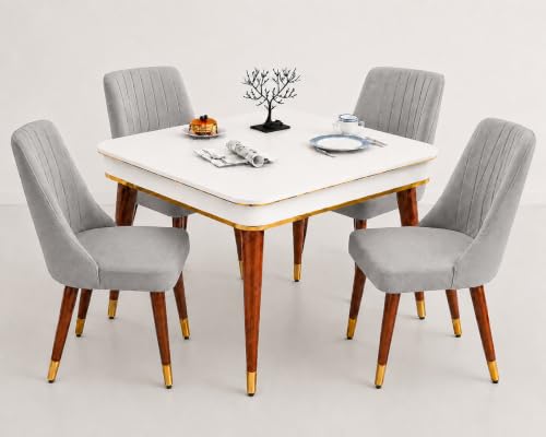 Image of WOODEN SPACE 4 Seater Wooden Dining Table Set | Urban Marble Top Dining Table with Chairs for Dining Room & Kitchen (Modern Frontline Light Grey) (42 x 42 x 30 inch)