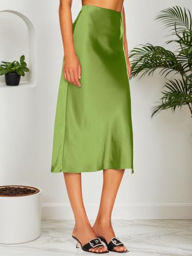 Image of Amy Babe Womens Satin Silk High Waist Slit Midi Skirt Long Skirts for Women | Elastic Waistband, Side Split, Midi Length, Below the Knee, Silky Fabric, Elegant, Fall Winter Outfits