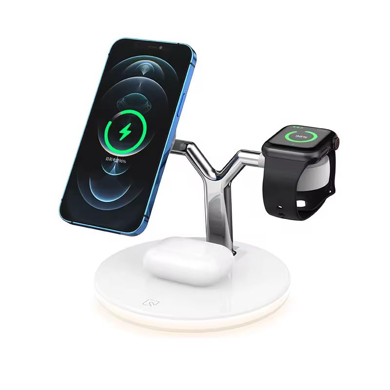 Stazione di Ricarica Wireless 3 in 1 Magnetica, Caricabatterie per Smartphone, Smartwatch e Auricolari, Lampada LED Touch da Scrivania
