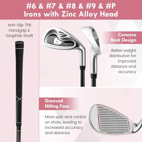 GYMAX Complete Golf Club Set for Women, 14 PCS Right Hand Golf Set with #1 Driver & #3 Fairway & #4 Hybrid & #6/#7/#8/#9/#P Irons, Putter & Head Covers, Ladies Golf Clubs Full Set (Pink) - Thumbnail 5