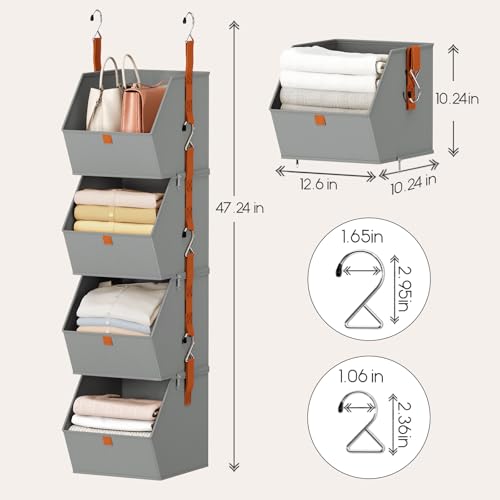 Hanging Closet Organizer 4 Tier - Clothes Hanging Shelves, Space-Saving Closet System, Fabric Storage Bins Bedroom Organization, Collapsible Baskets for Home, Dorm, Rv, Grey, 2 Pack - Image 4